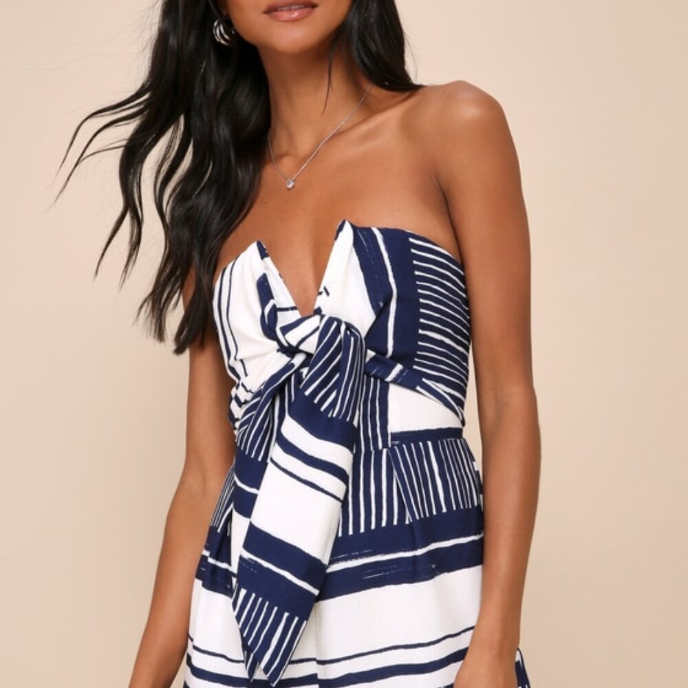 NWT LULUS Delphi Blue and White Striped Tie-Front Strapless Romper